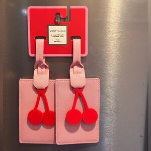2 Pack Pink Luggage Tags with Red Cherry Charms Made By Ruby + Cash. NWTS.